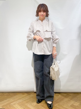 「index（インデックス）のフリルキーネックシャツ【洗濯機OK/イージーアイロン/防シワ】《XS～LL/7col》（シャツ/ブラウス、ベージュ系）」を使った、なかさん（レディース・157cm）の春コーディネート