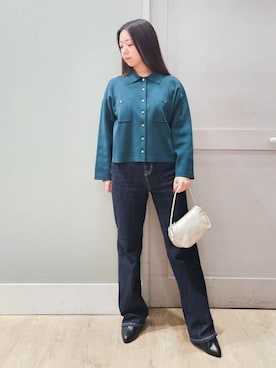 「grove（グローブ）の高評価！一枚でも羽織でも、大人のTOPS風カーディガン（カーディガン/ボレロ、グリーン系）」を使った、maiさん（レディース・149cm）の春コーディネート