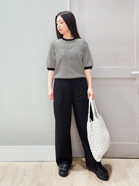 「grove（グローブ）の新色入荷！【貴島明日香さん着用・シリーズ累計36万枚】やわらかドライタッチ 五分袖クルーネックニット（ニット/セーター、ブラック系）」を使った、maiさん（レディース・149cm）の春コーディネート