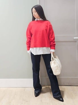 「grove（グローブ）の【おうちで洗える】顔周りすっきり、ボートネックニット（ニット/セーター、レッド系）」を使った、maiさん（レディース・149cm）の春コーディネート