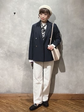 「SHOO・LA・RUE（シューラルー）の【セットアップ可/S-LL/洗濯機可】マニッシュに決まる ダブルブレストジャケット（テーラードジャケット、ブルー系）」を使った、shellさん（レディース・152cm）の冬コーディネート