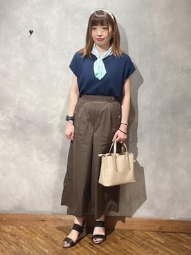 「DRESKIP（ドレスキップ）の【洗える/S-LL/ひんやり】さらりと好印象　総針フレンチスリーブニット（ニット/セーター、ブルー系）」を使った、shellさん（レディース・152cm）の夏コーディネート