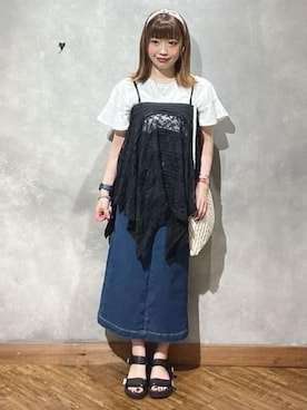 「DRESKIP（ドレスキップ）の【ひんやり/プチプラ】女性らしさ溢れる お袖シアーフリルトップス（Tシャツ/カットソー、ホワイト系）」を使った、shellさん（レディース・152cm）の夏コーディネート