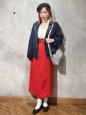 「DRESKIP（ドレスキップ）のさらっと羽織れる ノーカラーブルゾン（ブルゾン、ブルー系）」を使った、shellさん（レディース・152cm）の春コーディネート