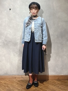 「SHOO・LA・RUE（シューラルー）の【SHOO・LA・RUE DENIM/S-LL/高レビュー】大人のための ノーカラーデニムジャケット（デニムジャケット、ブルー系）」を使った、shellさん（レディース・152cm）の冬コーディネート