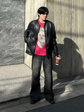 「アイテム（ライダースジャケット）」を使った、Mahiroさん（メンズ・175cm）の冬コーディネート