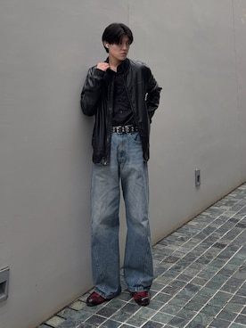 「アイテム（ライダースジャケット）」を使った、井上真宏さん（メンズ・175cm）の春コーディネート
