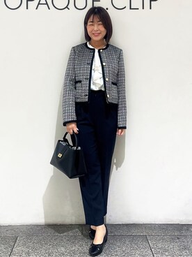 「index（インデックス）のファンシーツイードノーカラージャケット【洗える】（ノーカラージャケット、ブラック系）」を使った、あずささん（レディース・156cm）の冬コーディネート