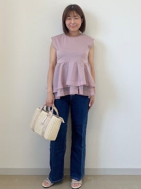 「index（インデックス）のダブルペプラムトップス【洗濯機OK】（Tシャツ/カットソー、ピンク系）」を使った、あずささん（レディース・156cm）の夏コーディネート