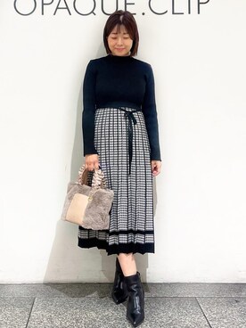 「index（インデックス）の千鳥チェックバイカラーニットワンピース【洗濯機OK/抗ピル】（ワンピース、ブラック系）」を使った、あずささん（レディース・156cm）の秋コーディネート