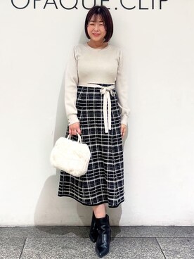 「index（インデックス）のチェックラメジャカードニットワンピース（ワンピース、ベージュ系）」を使った、あずささん（レディース・156cm）の冬コーディネート