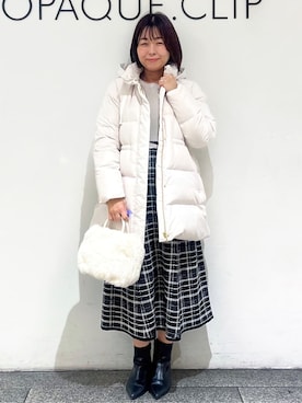 「index（インデックス）のKAWADAダウンドロストミドルコート【撥水/洗濯機OK/2WAY/静電気防止裏地】《XS～3L》（ダウンジャケット/コート、ベージュ系）」を使った、あずささん（レディース・156cm）の冬コーディネート