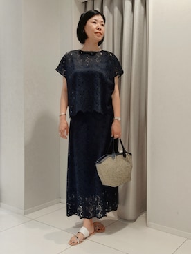 「UNTITLED（アンタイトル）の【セットアップ可/品のある透け感】リーフレースブラウス（シャツ/ブラウス、ブラック系）」を使った、world20001537さん（レディース）の夏コーディネート