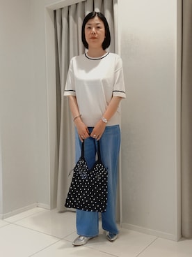 「UNTITLED（アンタイトル）の【アンサンブル可/上品な清涼感】コンパクト5分袖ニット（ニット/セーター、ベージュ系）」を使った、world20001537さん（レディース）の夏コーディネート
