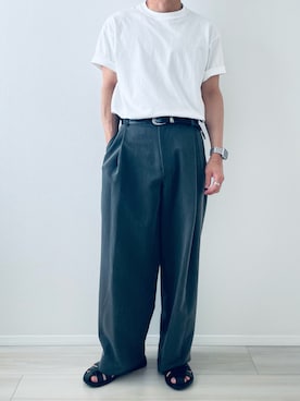 「WYM LIDNM（ウィム バイ リドム）のDOUBLE CLOTH DEEP TUCK SLACKS（スラックス、グレー系）」を使った、MiYaさん（メンズ・170cm）の夏コーディネート