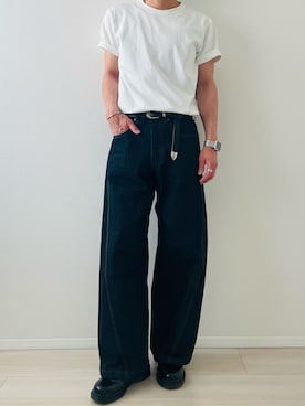 「WYM LIDNM（ウィム バイ リドム）のVINTAGE WASHED CURVED DENIM（デニムパンツ、ブルー系）」を使った、MiYaさん（メンズ・170cm）の春コーディネート