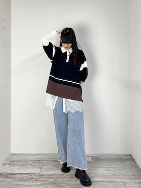 「ZELDA（ゼルダ）の【ZELDA】ラガーポロシャツニット（ニット/セーター、ブルー系）」を使った、ZELDA/ゼルダ snapさん（レディース・160cm）の春コーディネート