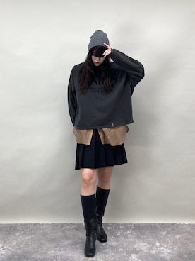 「ZELDA（ゼルダ）の【ZELDA】ロゴフロッキープルオーバー（スウェット、ブラック系）」を使った、ZELDA/ゼルダ snapさん（レディース・160cm）の春コーディネート