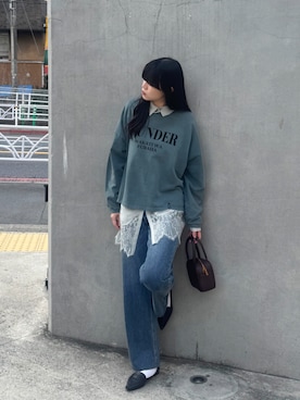 「ZELDA（ゼルダ）の【ZELDA】ロゴフロッキープルオーバー（スウェット、グリーン系）」を使った、ZELDA/ゼルダ snapさん（レディース・160cm）の春コーディネート