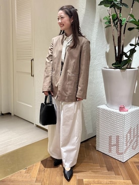 「SLOBE IENA（スローブイエナ）のメランジュヘリンボーンカラーレスジャケット（ノーカラージャケット、ベージュ系）」を使った、fuyukaさん（レディース・158cm）の春コーディネート