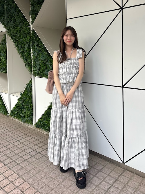 chico チコ チェック柄シャーリングロングワンピース 新色追加/マルチway】アシメ紐デザインチェック柄シャーリング