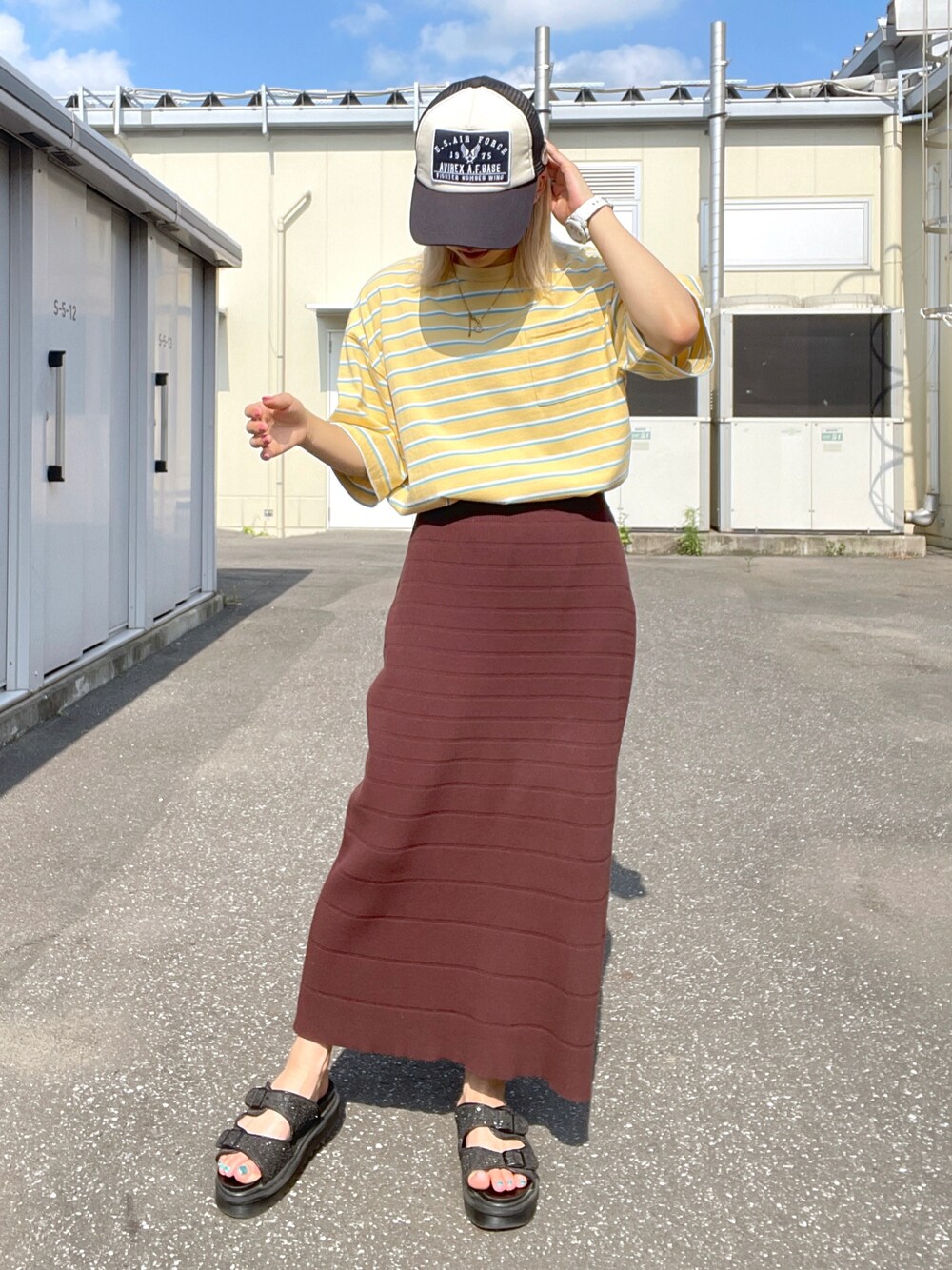 「AVIREX、ootd、楽チンコーデ、夏コーデ、低身長、ボーダーTシャツ、今日のコーデ、AVIREXBelle、AVIREX DEPOT、アビレックス(AVIREX)」｜「AVIREXのBACK PRINT BORDER TOPS/ バックプリントボーダートップス（Tシャツ/カットソー、イエロー系）」を使った、Reinaさん（レディース・155cm）の夏コーディネートの1枚目の写真