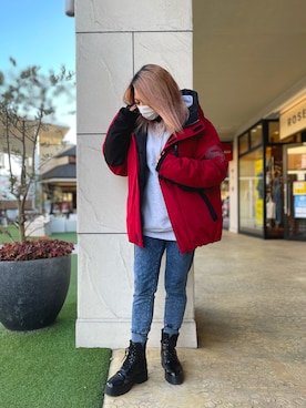 「アイテム（ダウンジャケット/コート、レッド系）」を使った、Reinaさん（レディース・155cm）の冬コーディネート