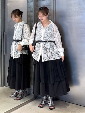 「HARE（ハレ）のアシメミックスプリーツスカート(HARE)（スカート）」を使った、佐藤静香さん（レディース・159cm）の春コーディネート