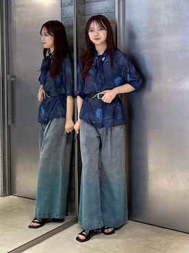 「HARE（ハレ）のBlurryフラワーボウタイブラウス(HARE)（シャツ/ブラウス）」を使った、佐藤静香さん（レディース・159cm）の夏コーディネート