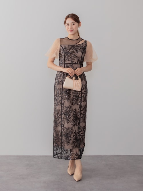 LEJA】アシンメトリーシアーフラワードレスワンピース美脚効果