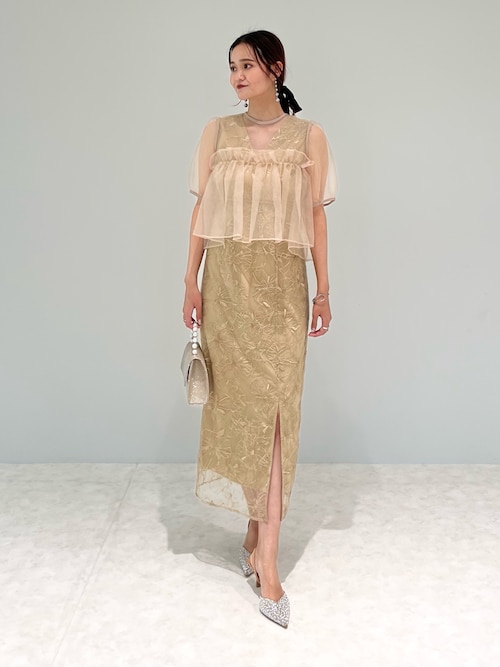 ボリュームシアーフリルジャガードIラインドレスワンピース オケージョンドレス 当日発送】ボリュームシアーフリルジャガードIラインワンピース結婚式