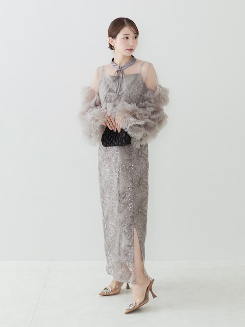 LEJA】フリルチュールスリーブリボンIラインワンピースドレス2点セット