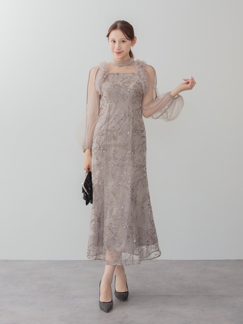 LEJA フラワースパンコール ロングスリーブ マーメイドワンピースドレス LEJA】フラワースパンコールチュールフリルロングスリーブマーメイド