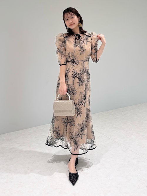 花柄リボンパフスリーブマーメイドワンピースドレス結婚式パーティー成人式二次会 当日発送】花柄リボンパフスリーブマーメイドワンピース結婚式ドレス