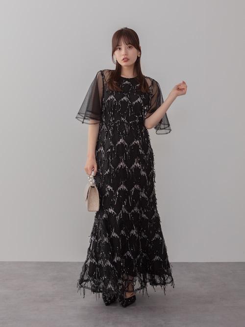 leja チュールスリーブスパンコールマーメイドワンピースドレス Leja｜Leja-チュールスリーブスパンコールマーメイドワンピースドレス