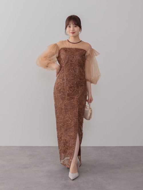 LEJA】フラワースパンコールシアーフリルスリーブIラインワンピース