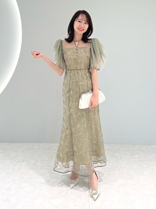 【Leja】マーメイドワンピースドレス グリーン Ｍ Leja ドレス 「LEJA」フリル半袖シアーレース花柄刺繍ウエスト