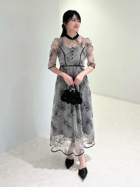 LEJA】配色パイピングプチハイネック花柄刺繍ラメレースロング丈ドレス