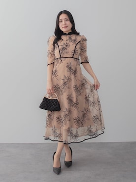 LEJA】配色パイピングプチハイネック花柄刺繍ラメレースロング丈ドレス