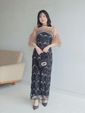 「Leja（レジャ）の【LEJA】フリルチュールボレロフリンジスパンコールIラインワンピースドレス2点セット美脚効果結婚式 パーティードレス 成人式 二次会 同窓会 お呼ばれ オケージョン 20代 30代（ドレス、ブラック系）」を使った、Lejaさん（レディース・153cm）の春コーディネート