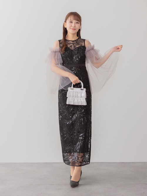 LEJA】フラワーチュールフリルスリーブIラインワンピースドレス美脚