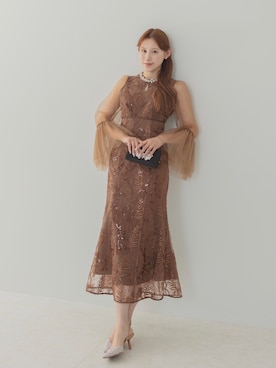 「Leja（レジャ）の【LEJA】ビジューネックスパンコールチュールフレアスリーブマーメイドワンピースドレス美脚効果結婚式 パーティードレス 成人式 二次会 同窓会 お呼ばれ オケージョン 20代 30代（ドレス、ブラウン系）」を使った、Lejaさん（レディース・153cm）の春コーディネート