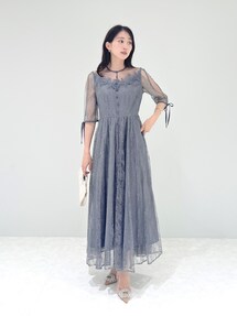 【leja】レジャ異素材レースデコルテシアー袖リボンフロントボタンAライン美脚♡ Leja（レジャ）の「【LEJA】異素材レースデコルテシアー袖リボン