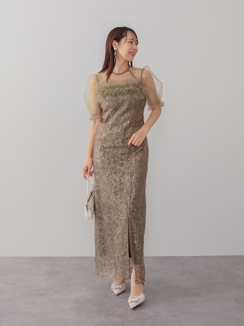 チュールフラワースパンコールIラインワンピースドレス結婚式パーティー成人式二次会 レジャ Leja チュールフラワースパンコールIラインワンピースドレス