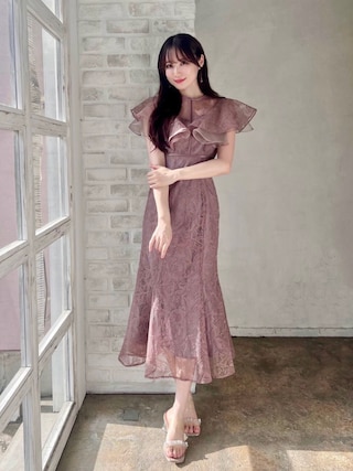 LEJA】フリル半袖シアーレース花柄刺繍ウエストマークマーメイド