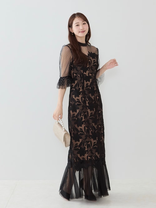 チュールフラワーモチーフドットストーンIラインワンピースドレス結婚式パーティー Leja｜チュールフラワーモチーフドットストーンIラインドレス