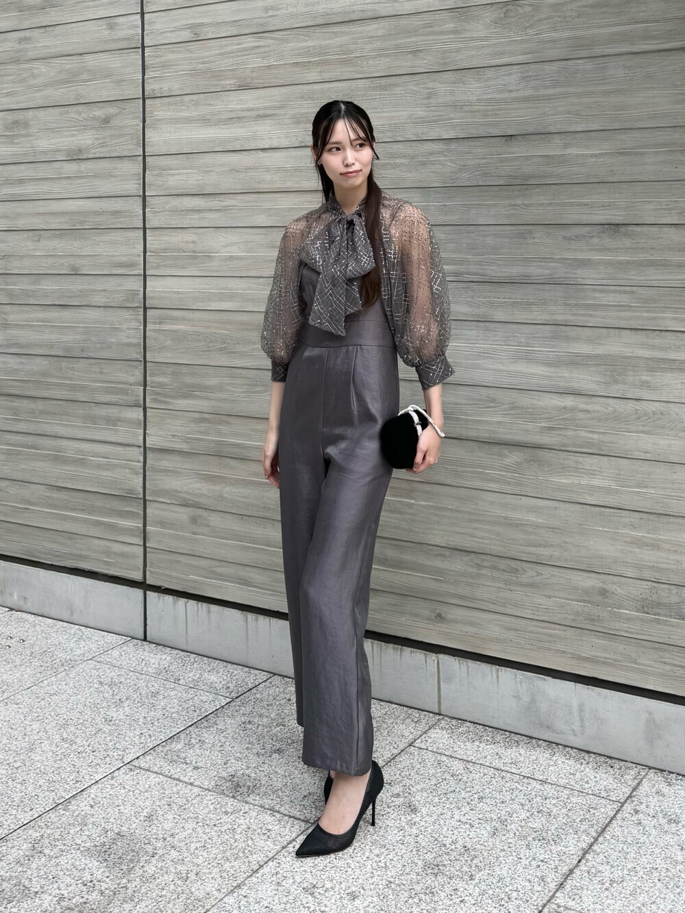 LEJA】ドット柄スパンコールパフスリーブボレロオールインワンドレス