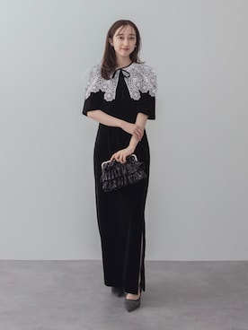 「Leja（レジャ）の【LEJA】レースカラーベロアIラインワンピースドレスセットアップドレス2点セット 美脚効果結婚式 パーティードレス 成人式 二次会 同窓会 お呼ばれ オケージョン 20代 30代（ドレス、ブラック系）」を使った、Lejaさん（レディース・153cm）の春コーディネート