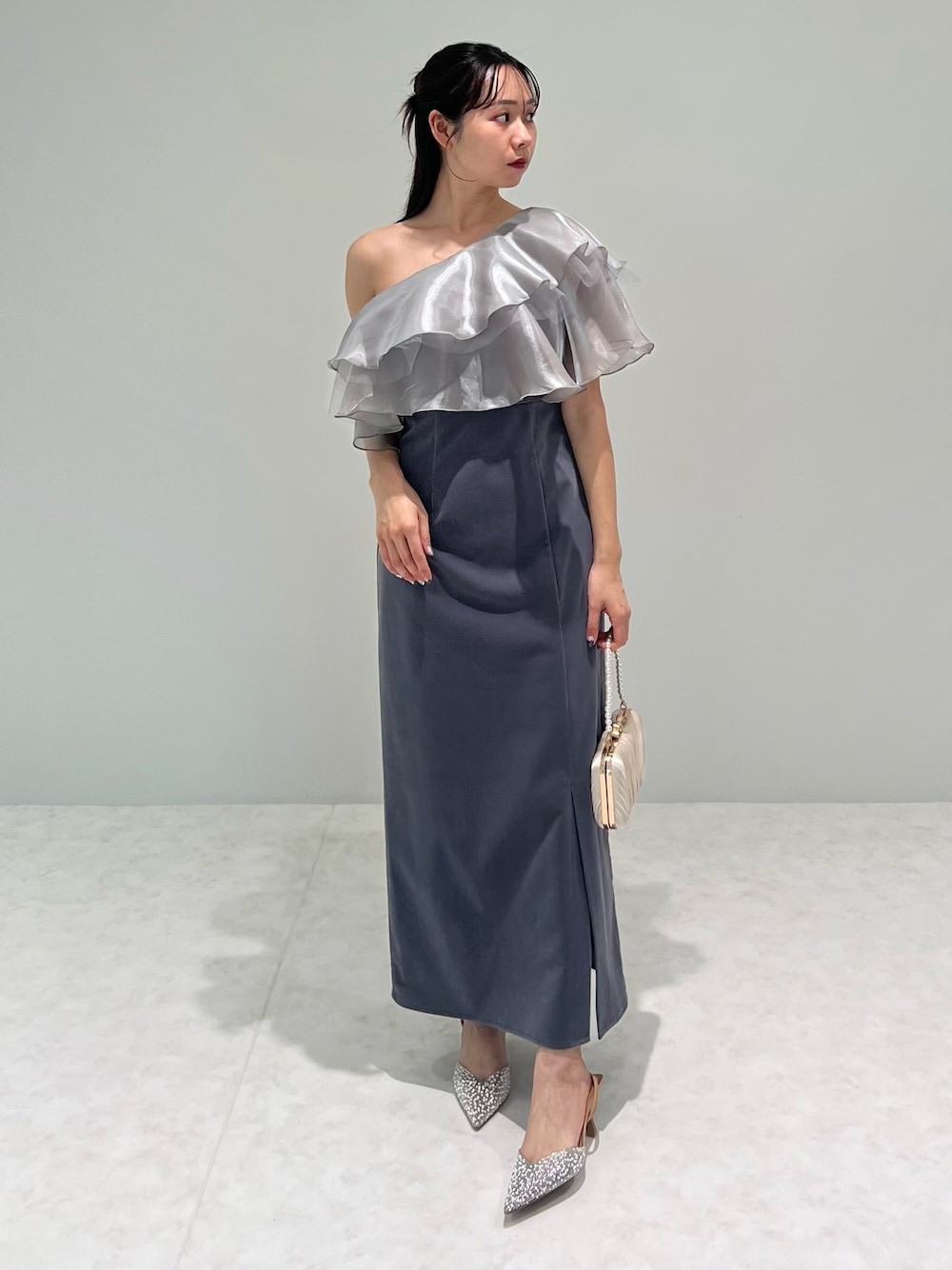 LEJA】アシンメトリーティアードフリル3WAYベロアIラインドレス