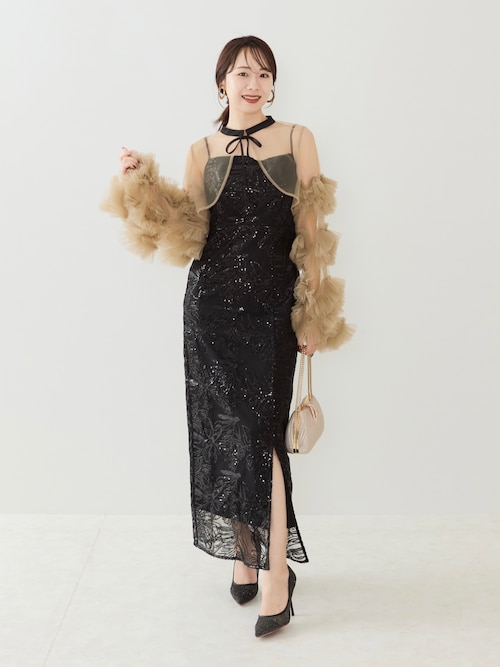 【LEJA】フリル　チュール　スリーブ　リボンIラインワンピースドレス LEJA】フリルチュールスリーブリボンIラインワンピースドレス2点